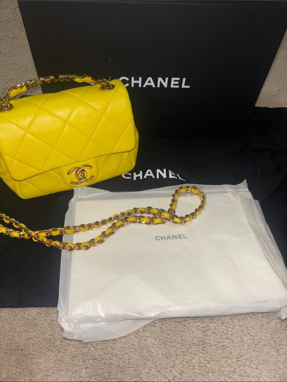 CHANEL Yellow Quilted Lambskin Mini Shoulder Bag with Gold Hardware